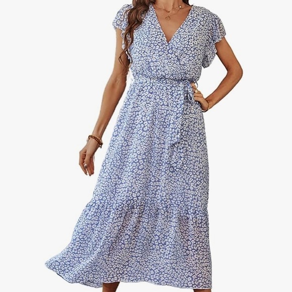 Amazon Dresses Light Blue And White Cheetah Print Wrap Midi Dress